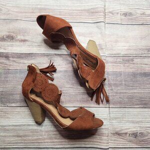 Qupid Orange Tan Medallion Boho Tassel Heels
